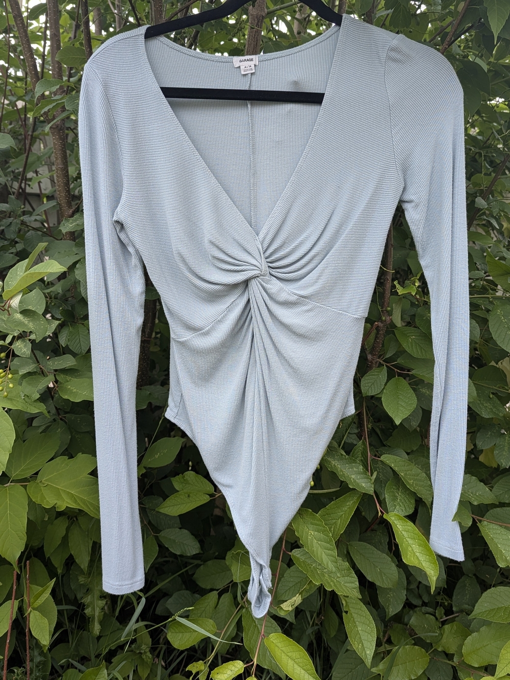 Garage Light Blue Twist-Front Ribbed V-Neck Bodysuit - Picture 4 of 16